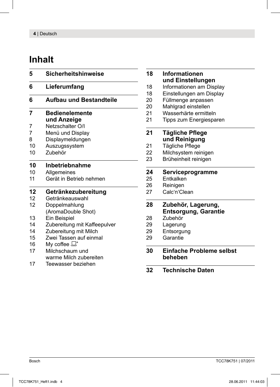 Inhalt | Bosch TCC78K751 Edelstahl Kaffeevollautomat User Manual | Page 2 / 90