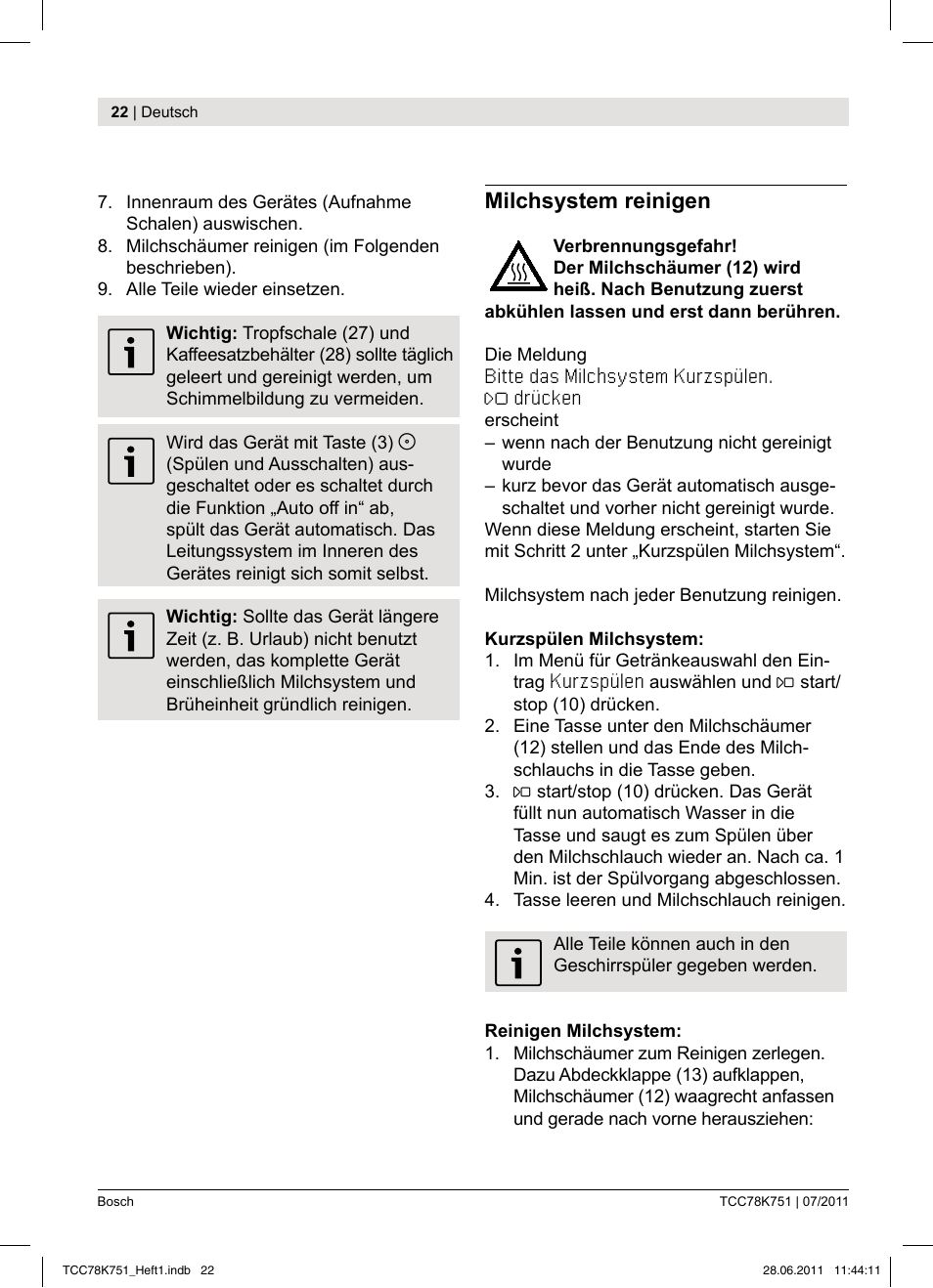 Milchsystem reinigen | Bosch TCC78K751 Edelstahl Kaffeevollautomat User Manual | Page 20 / 90