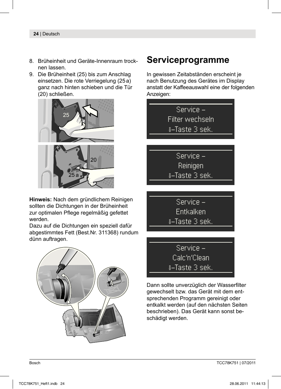 Serviceprogramme, Service - filter wechseln, Taste 3 sek. service - reinigen | Taste 3 sek. service - entkalken, Taste 3 sek. service - calc‘n‘clean, Taste 3 sek | Bosch TCC78K751 Edelstahl Kaffeevollautomat User Manual | Page 22 / 90