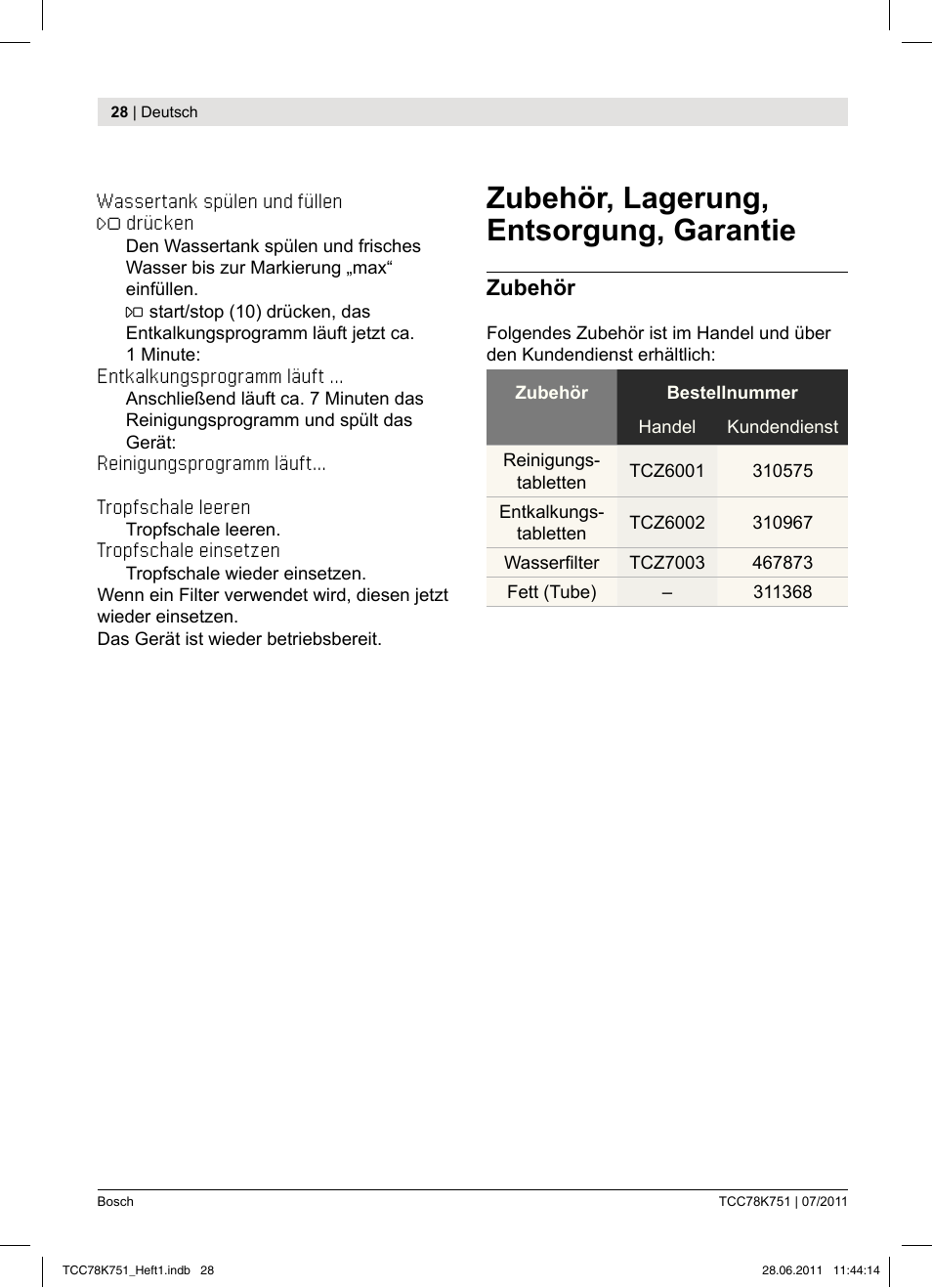 Zubehör, lagerung, entsorgung, garantie, Zubehör | Bosch TCC78K751 Edelstahl Kaffeevollautomat User Manual | Page 26 / 90