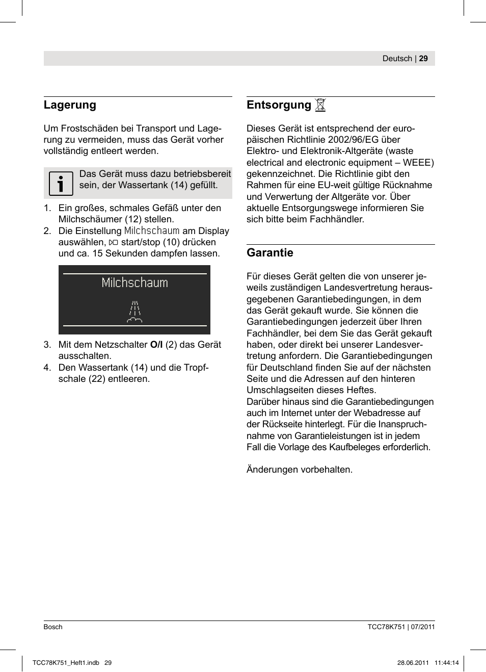 Milchschaum, Lagerung, Entsorgung | Garantie | Bosch TCC78K751 Edelstahl Kaffeevollautomat User Manual | Page 27 / 90