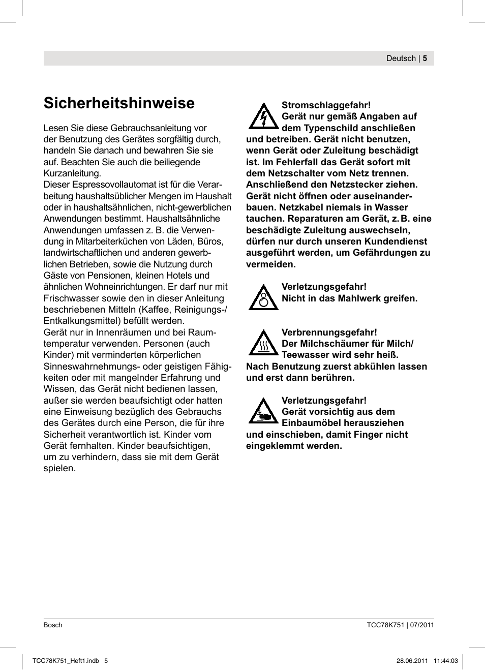 Sicherheitshinweise | Bosch TCC78K751 Edelstahl Kaffeevollautomat User Manual | Page 3 / 90