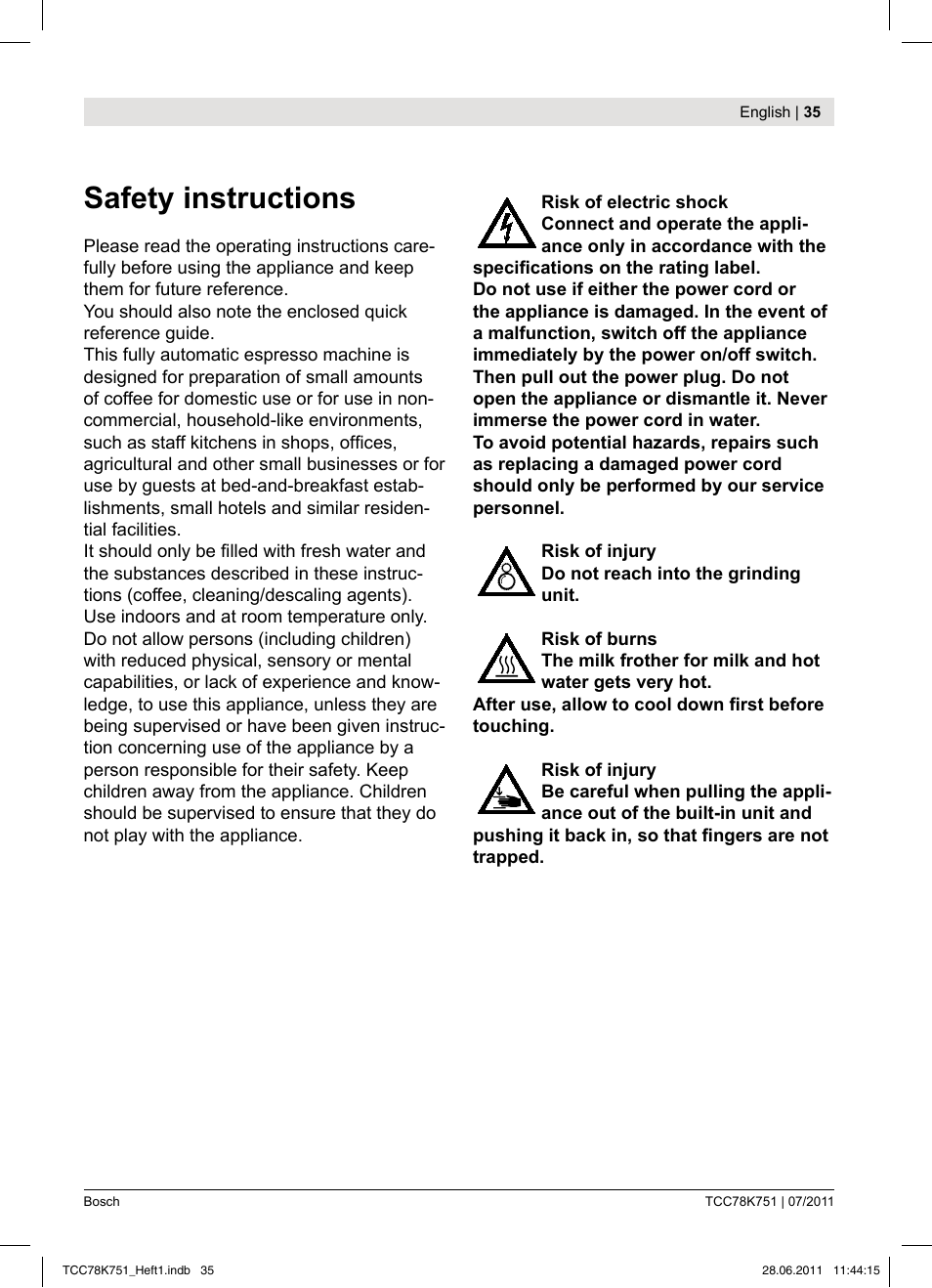 Safety instructions | Bosch TCC78K751 Edelstahl Kaffeevollautomat User Manual | Page 33 / 90