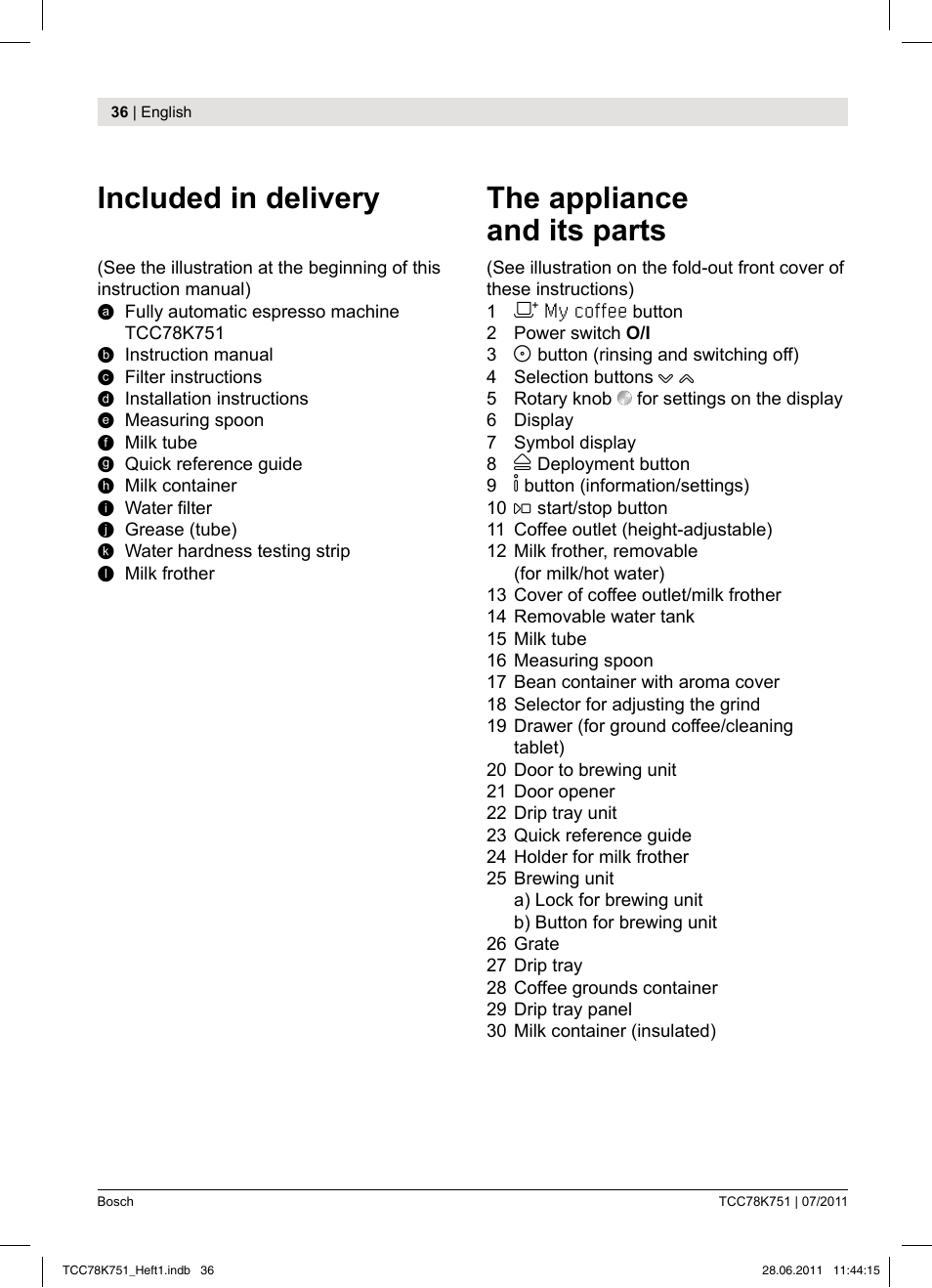 Included in delivery, The appliance and its parts | Bosch TCC78K751 Edelstahl Kaffeevollautomat User Manual | Page 34 / 90