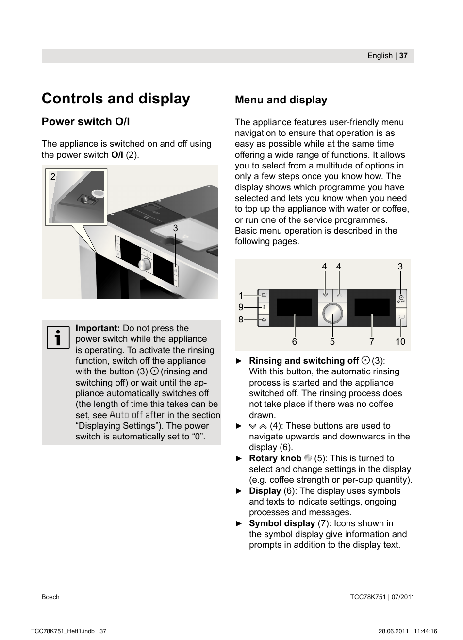 Controls and display, Power switch o/i, Menu and display | Bosch TCC78K751 Edelstahl Kaffeevollautomat User Manual | Page 35 / 90