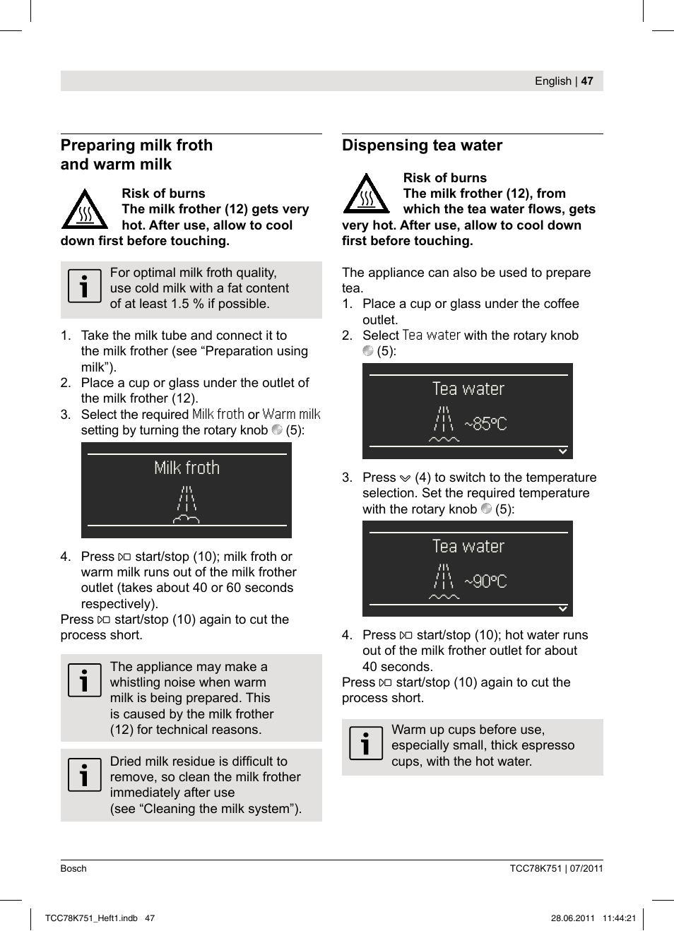 Milk froth ) m, Tea water ) l a, Tea water ) l c | Bosch TCC78K751 Edelstahl Kaffeevollautomat User Manual | Page 45 / 90