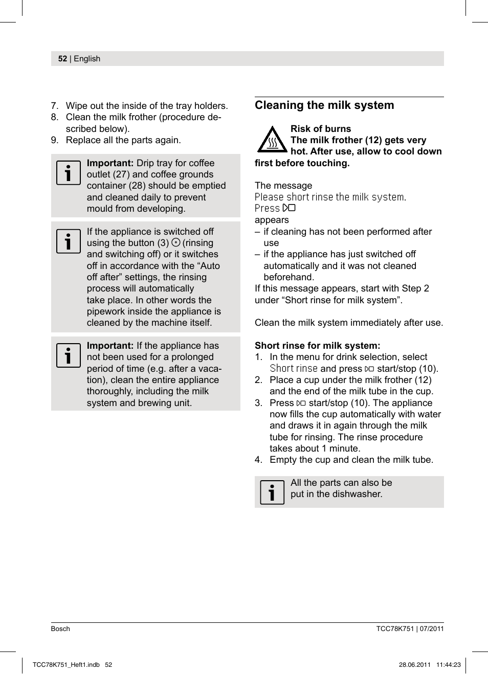 Cleaning the milk system | Bosch TCC78K751 Edelstahl Kaffeevollautomat User Manual | Page 50 / 90