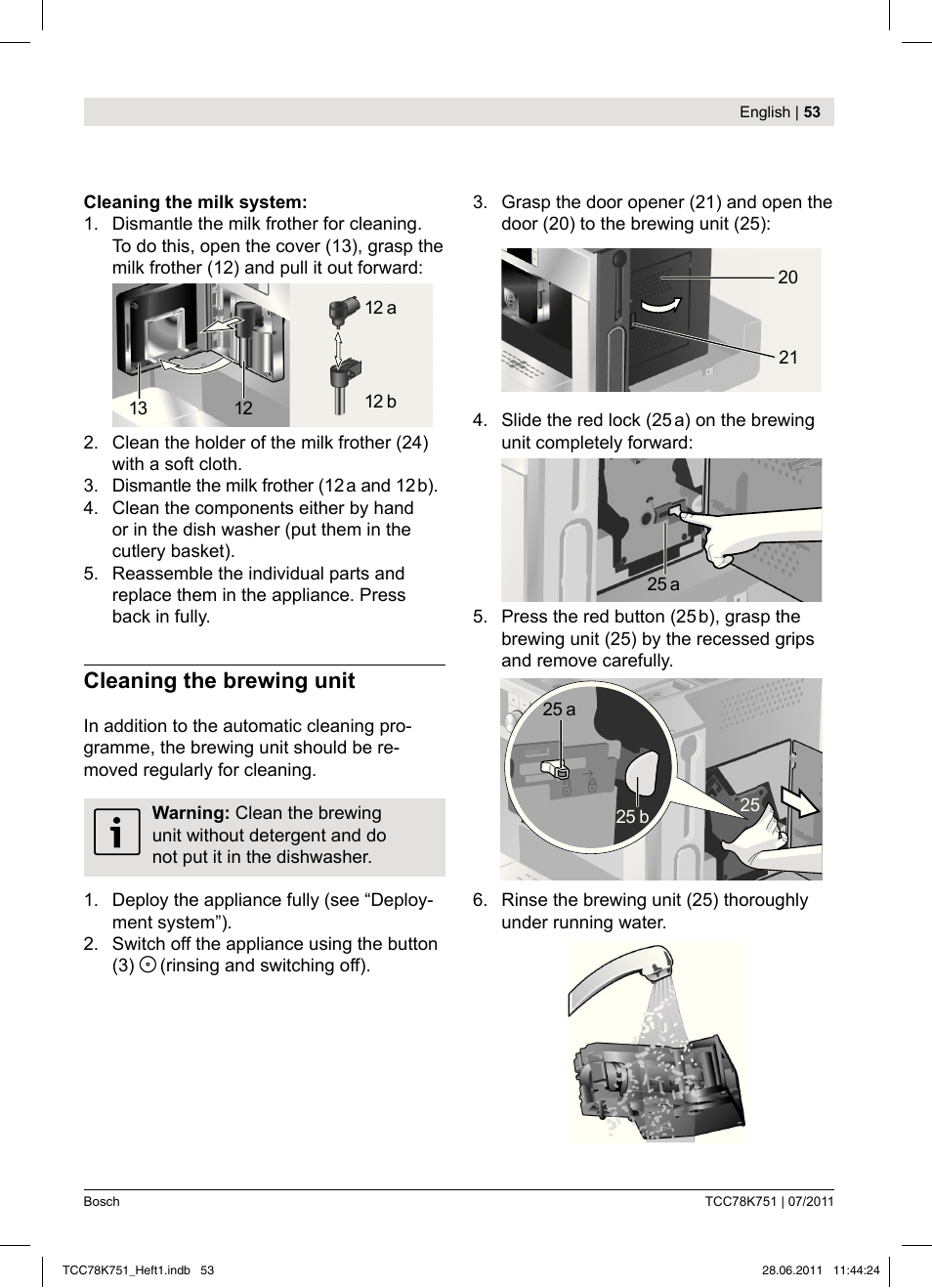 Cleaning the brewing unit | Bosch TCC78K751 Edelstahl Kaffeevollautomat User Manual | Page 51 / 90