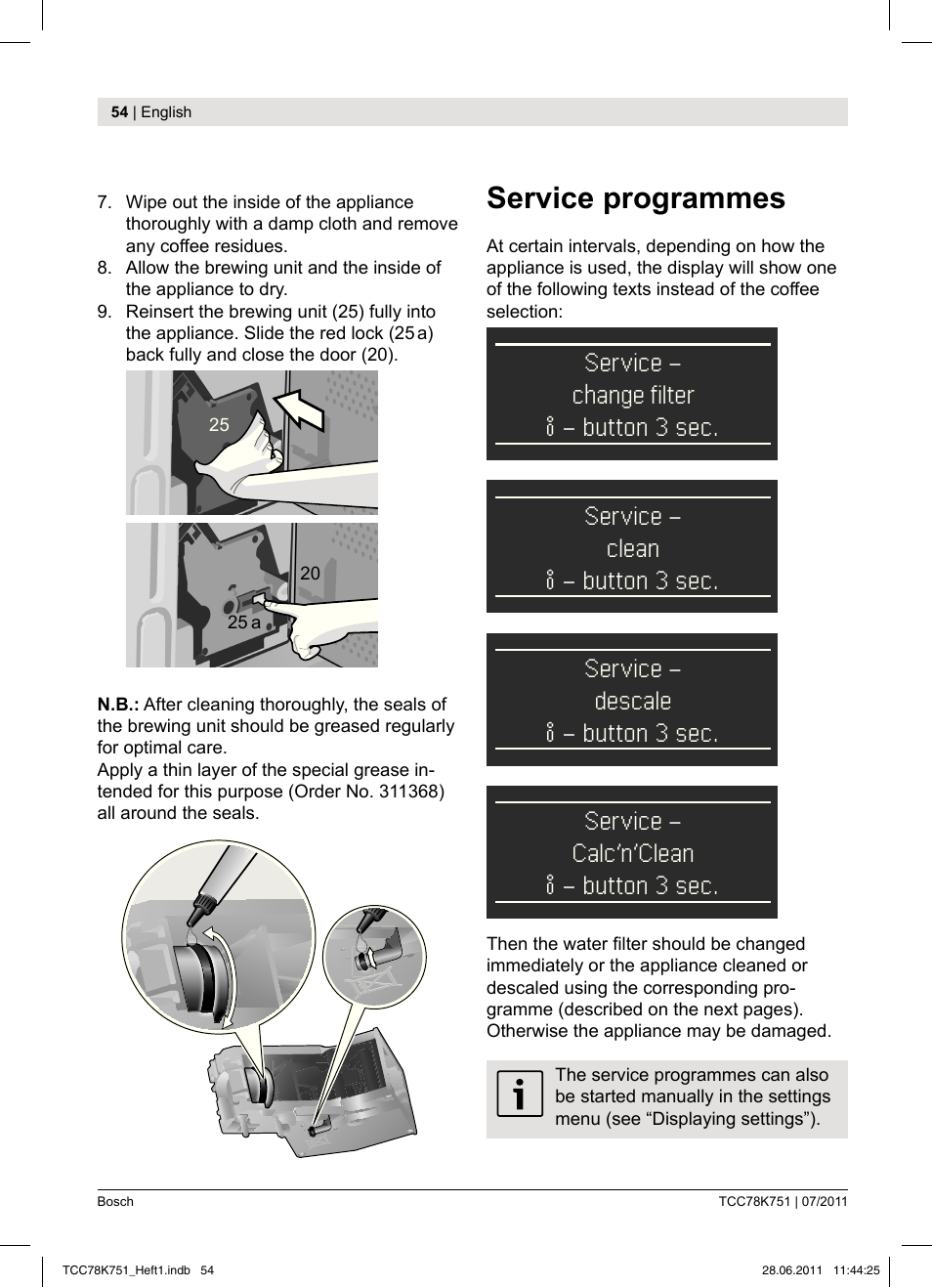 Service programmes | Bosch TCC78K751 Edelstahl Kaffeevollautomat User Manual | Page 52 / 90