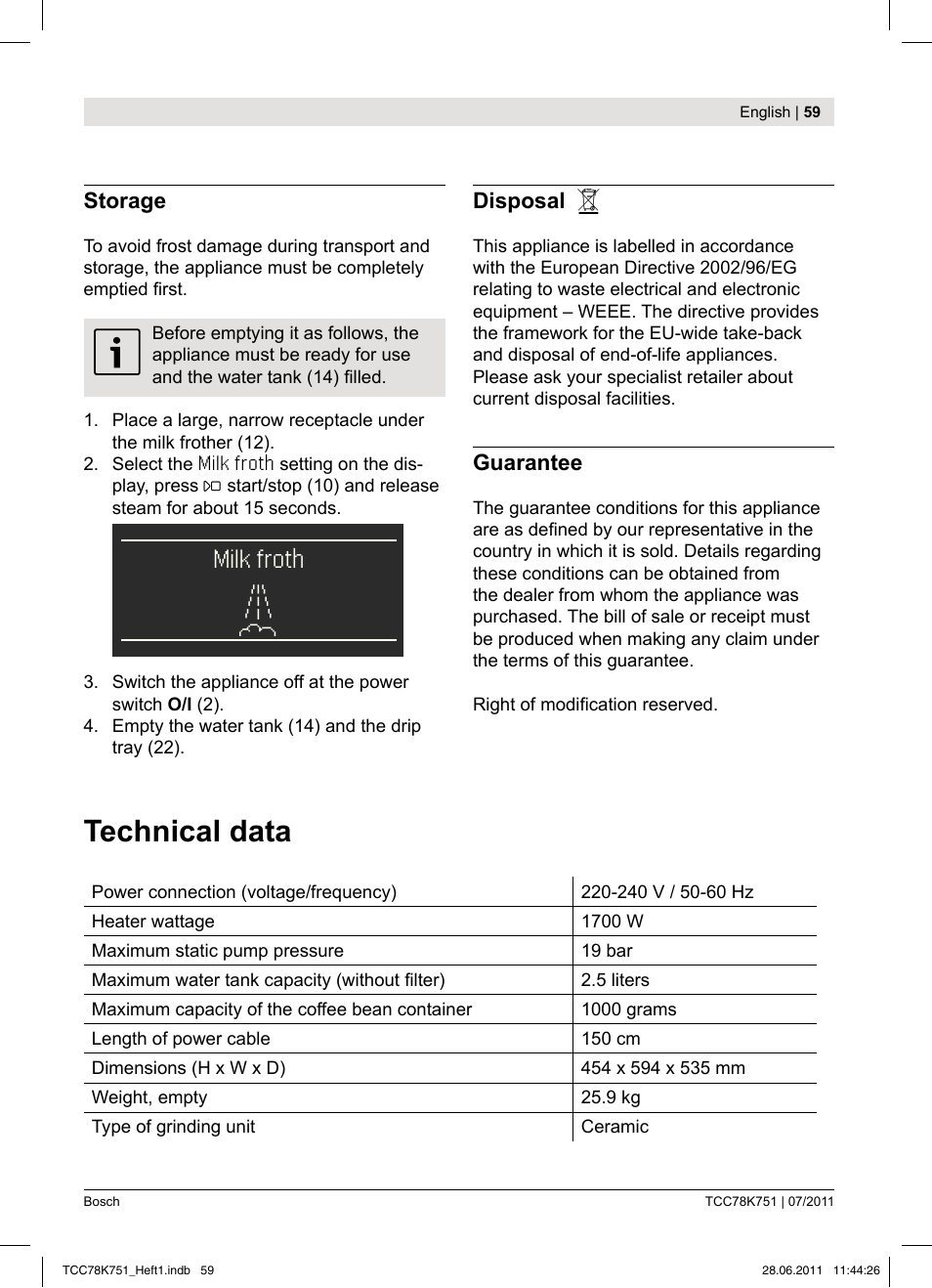 Technical data, Milk froth ) m | Bosch TCC78K751 Edelstahl Kaffeevollautomat User Manual | Page 57 / 90