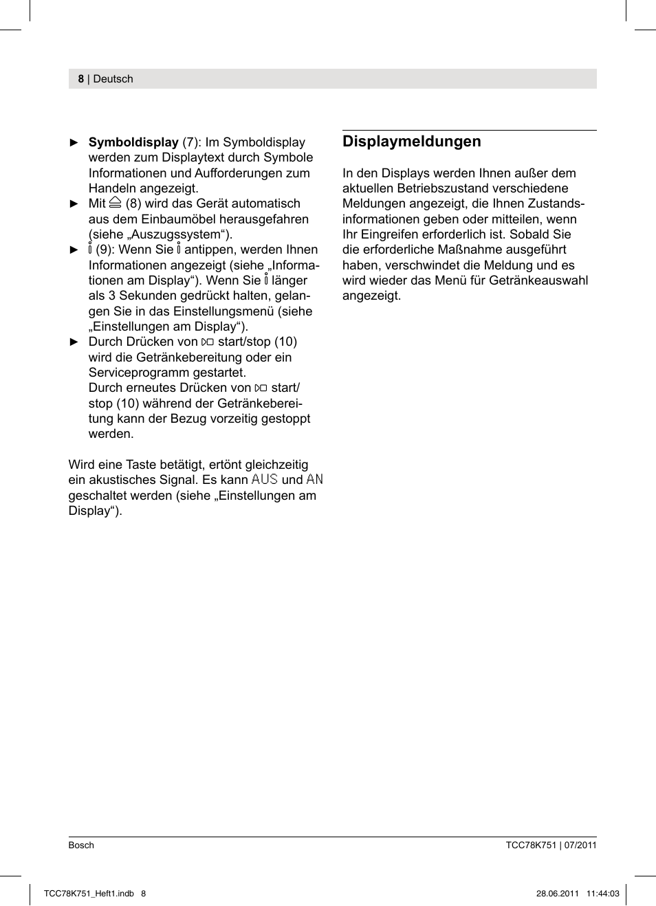 Displaymeldungen | Bosch TCC78K751 Edelstahl Kaffeevollautomat User Manual | Page 6 / 90