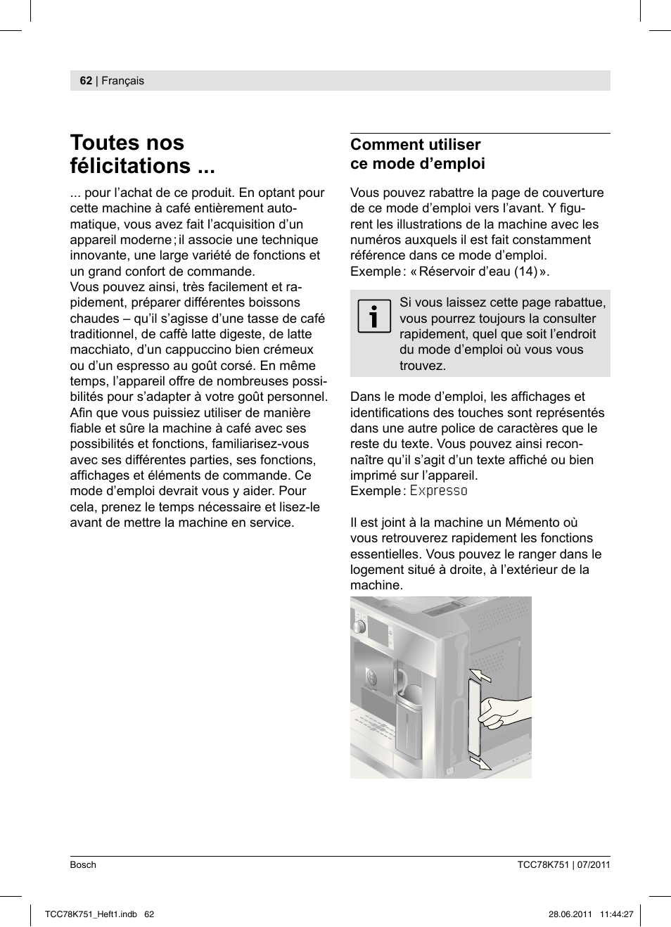 Toutes nos félicitations, Comment utiliser ce mode d’emploi | Bosch TCC78K751 Edelstahl Kaffeevollautomat User Manual | Page 60 / 90