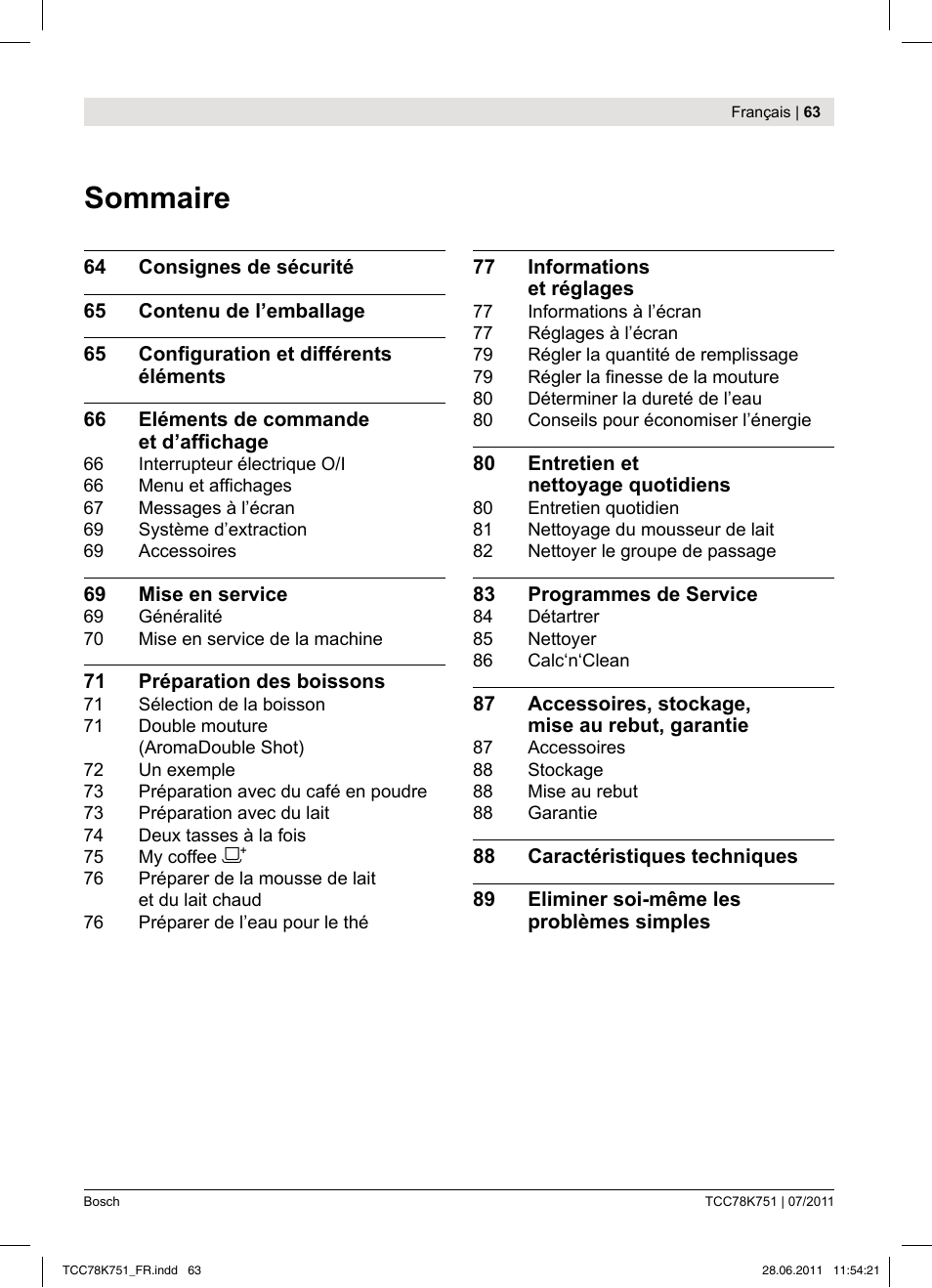 Sommaire | Bosch TCC78K751 Edelstahl Kaffeevollautomat User Manual | Page 61 / 90