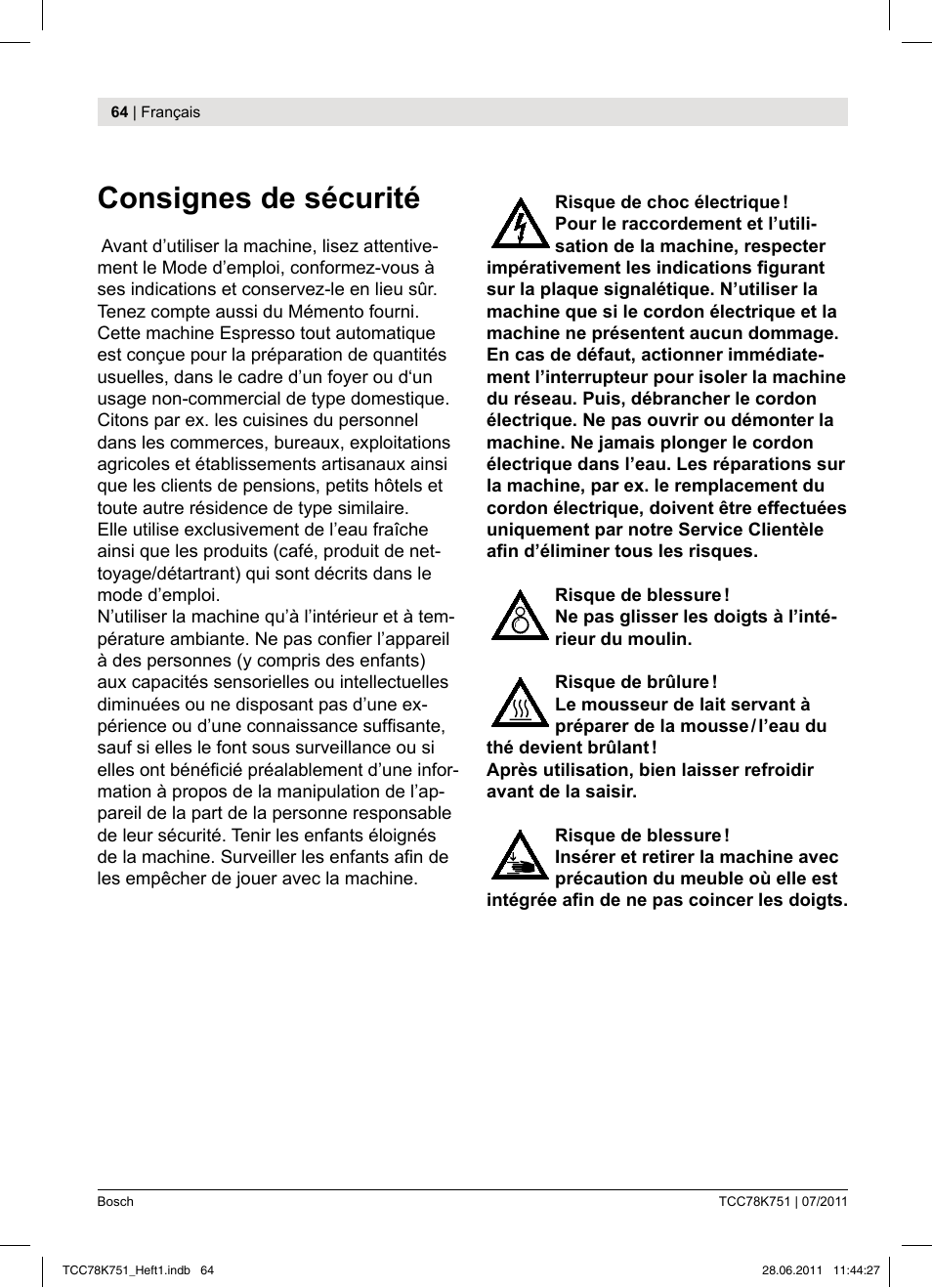 Consignes de sécurité | Bosch TCC78K751 Edelstahl Kaffeevollautomat User Manual | Page 62 / 90