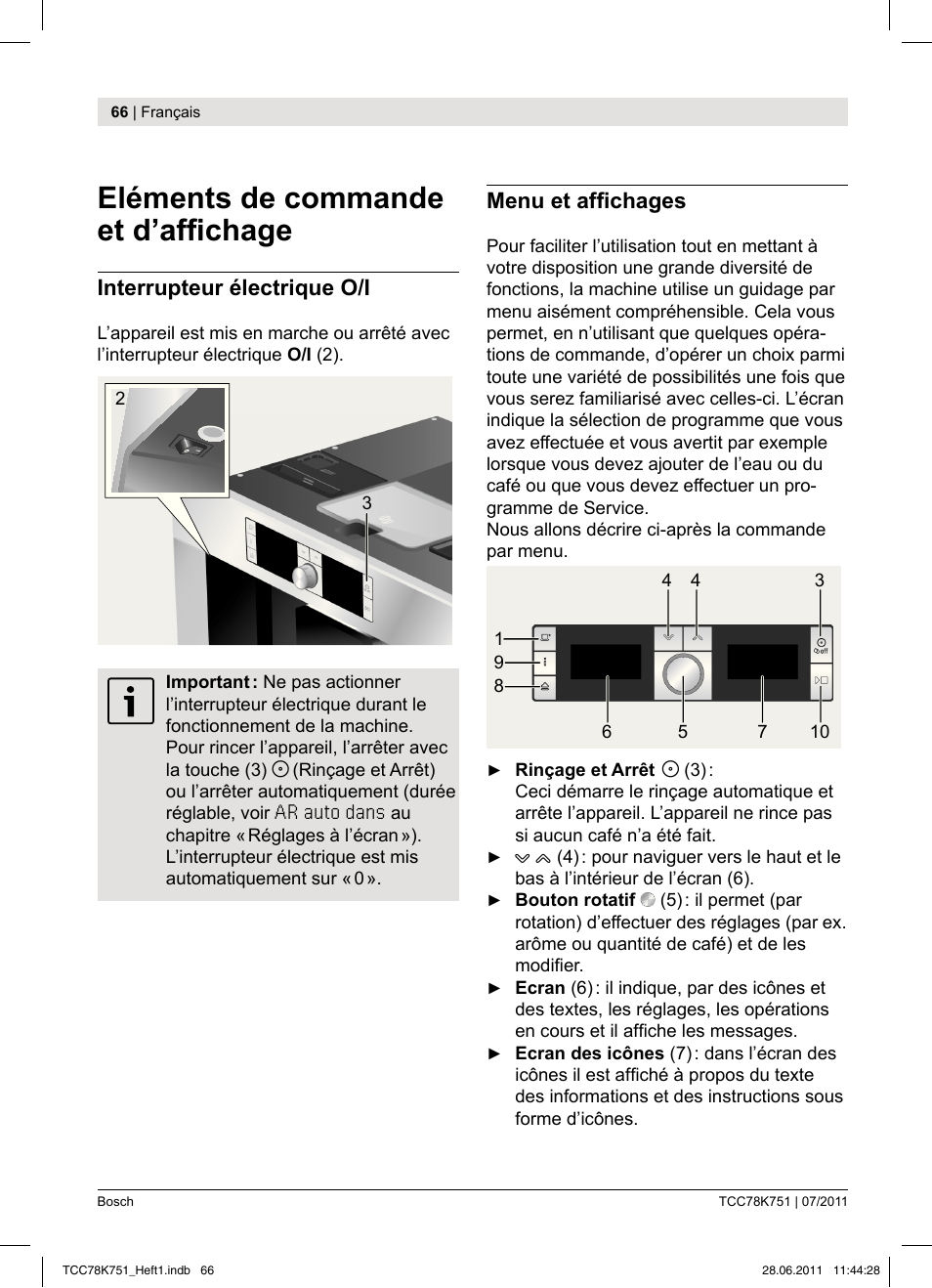 Eléments de commande et d’afi chage, Interrupteur électrique o/i, Menu et afi chages | Bosch TCC78K751 Edelstahl Kaffeevollautomat User Manual | Page 64 / 90