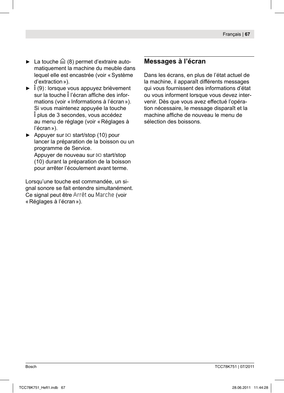 Messages à l’écran | Bosch TCC78K751 Edelstahl Kaffeevollautomat User Manual | Page 65 / 90