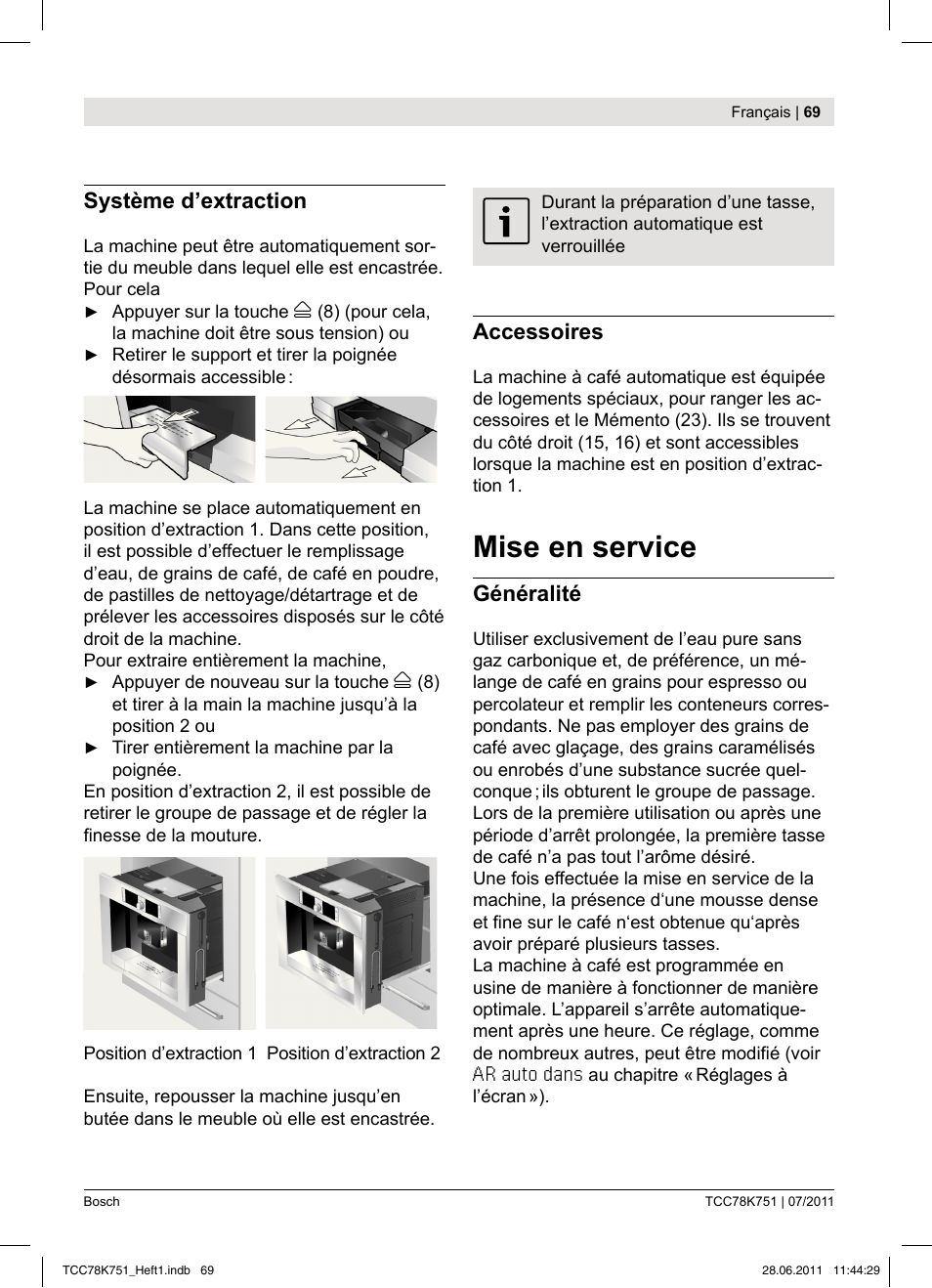 Mise en service, Système d’extraction, Accessoires | Généralité | Bosch TCC78K751 Edelstahl Kaffeevollautomat User Manual | Page 67 / 90