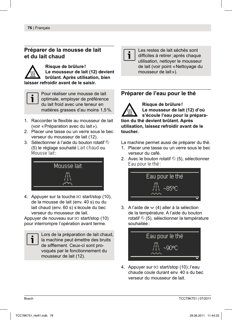 Mousse lait m, Eau pour le thé l a, Eau pour le thé l c | Bosch TCC78K751 Edelstahl Kaffeevollautomat User Manual | Page 74 / 90