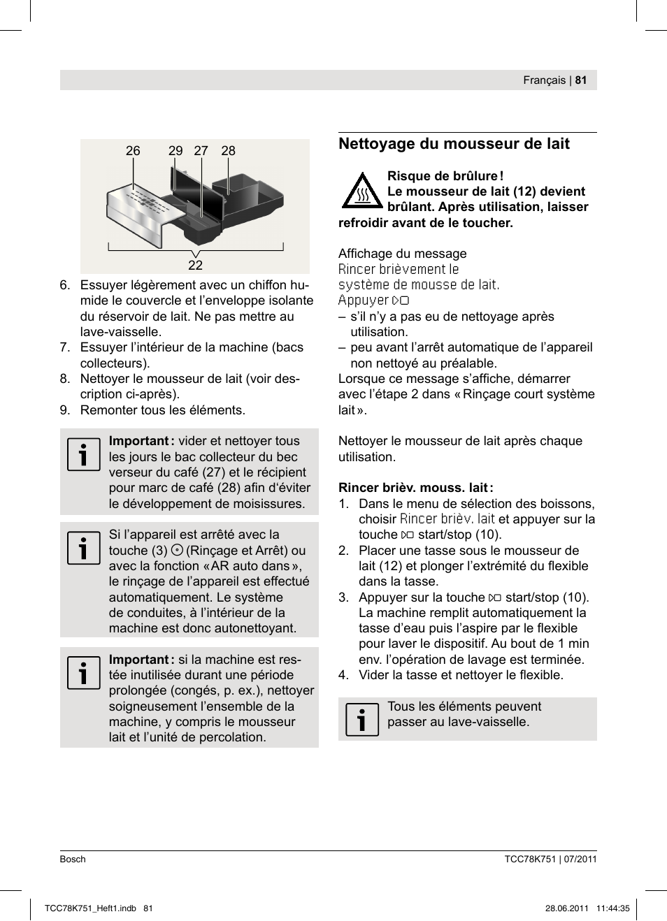 Nettoyage du mousseur de lait | Bosch TCC78K751 Edelstahl Kaffeevollautomat User Manual | Page 79 / 90