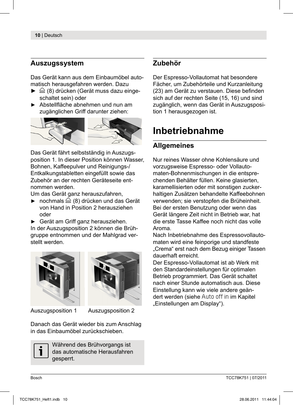 Inbetriebnahme, Auszugssystem, Zubehör | Allgemeines | Bosch TCC78K751 Edelstahl Kaffeevollautomat User Manual | Page 8 / 90