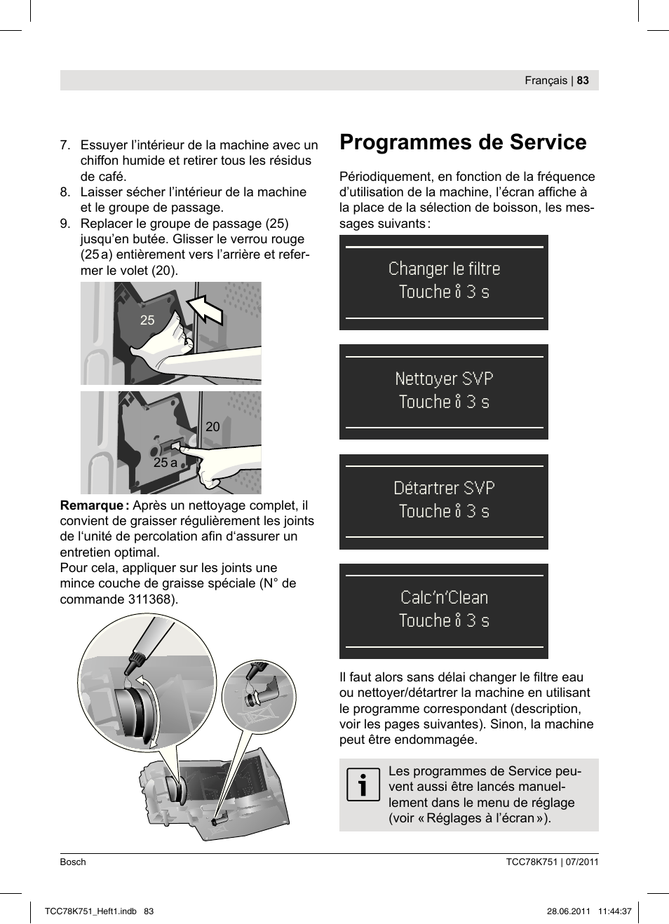 Programmes de service | Bosch TCC78K751 Edelstahl Kaffeevollautomat User Manual | Page 81 / 90