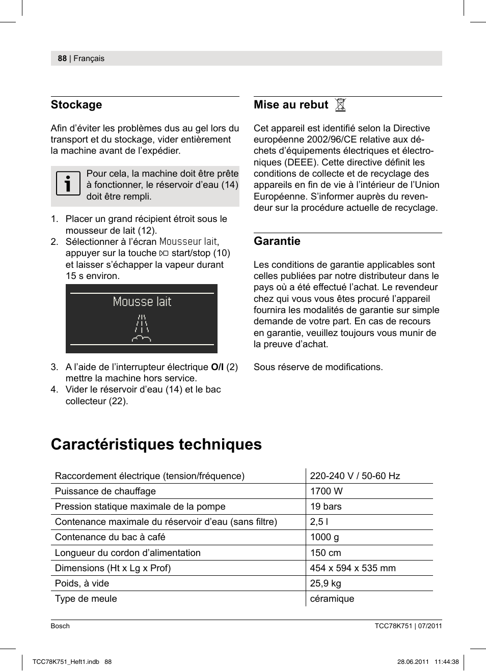 Caractéristiques techniques, Mousse lait m | Bosch TCC78K751 Edelstahl Kaffeevollautomat User Manual | Page 86 / 90