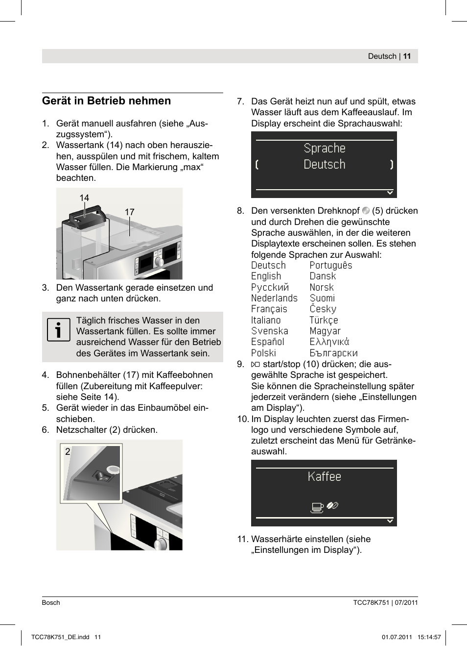 Sprache, Deutsch, Kaffee | Bosch TCC78K751 Edelstahl Kaffeevollautomat User Manual | Page 9 / 90