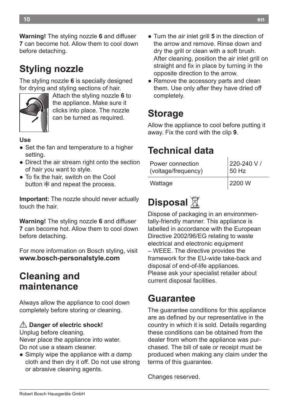 Styling nozzle, Cleaning and maintenance, Storage | Technical data, Disposal, Guarantee | Bosch PHD9940 Profi-Haartrockner ProSalon PowerAC Compact User Manual | Page 12 / 98