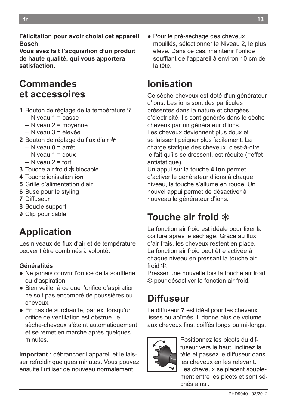 Ionisation, Touche air froid, Diffuseur | Commandes et accessoires, Application | Bosch PHD9940 Profi-Haartrockner ProSalon PowerAC Compact User Manual | Page 15 / 98