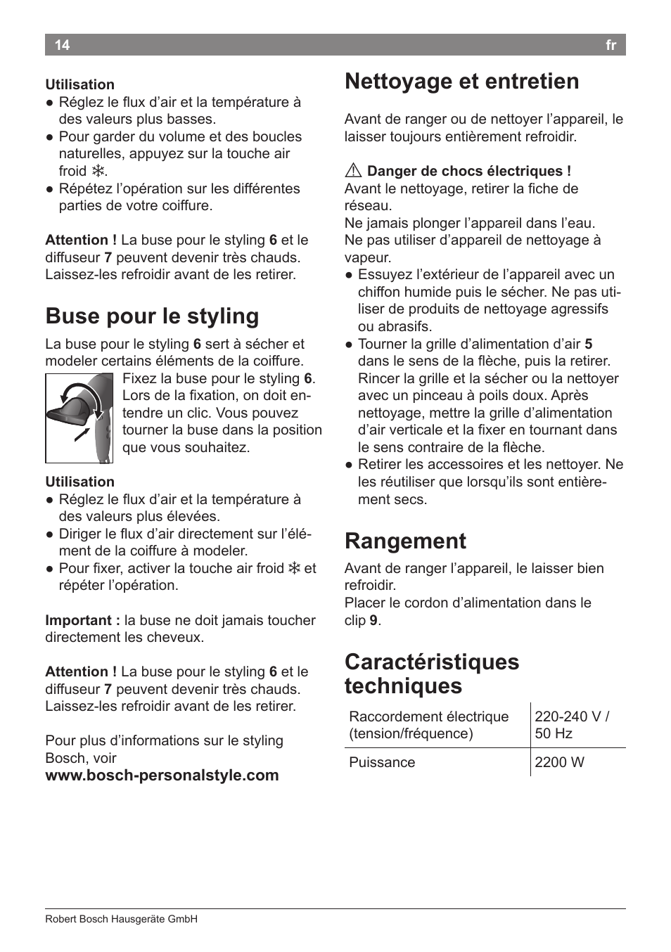 Buse pour le styling, Nettoyage et entretien, Rangement | Caractéristiques techniques | Bosch PHD9940 Profi-Haartrockner ProSalon PowerAC Compact User Manual | Page 16 / 98