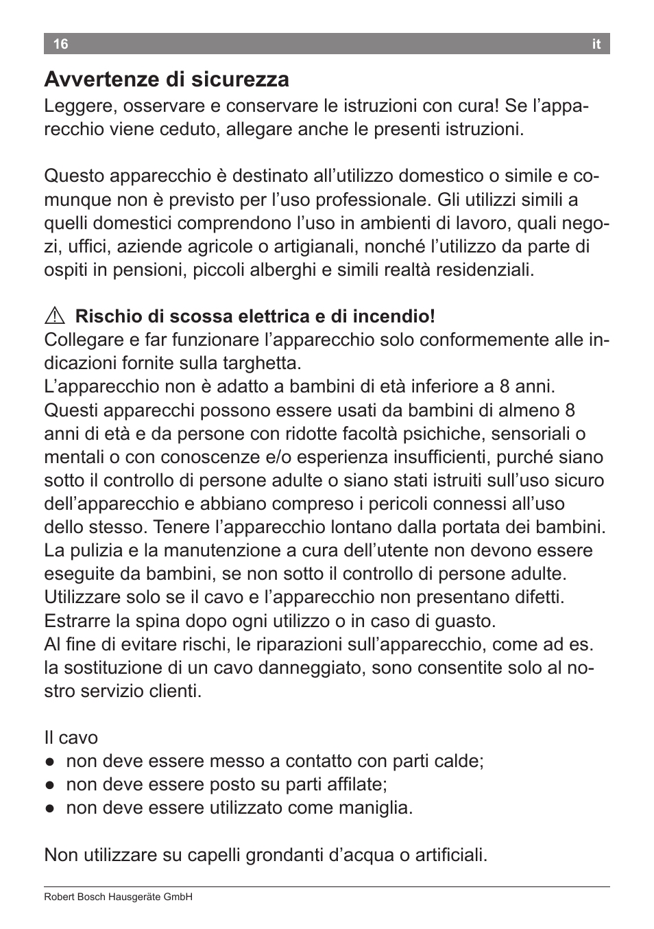 Avvertenze di sicurezza | Bosch PHD9940 Profi-Haartrockner ProSalon PowerAC Compact User Manual | Page 18 / 98