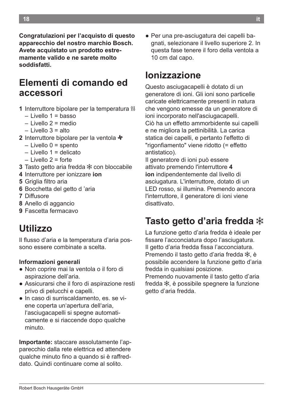 Elementi di comando ed accessori, Utilizzo, Ionizzazione | Tasto getto d’aria fredda | Bosch PHD9940 Profi-Haartrockner ProSalon PowerAC Compact User Manual | Page 20 / 98