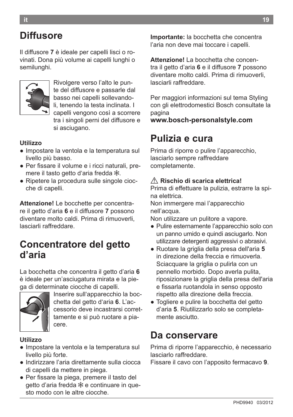 Diffusore, Concentratore del getto d’aria, Pulizia e cura | Da conservare | Bosch PHD9940 Profi-Haartrockner ProSalon PowerAC Compact User Manual | Page 21 / 98