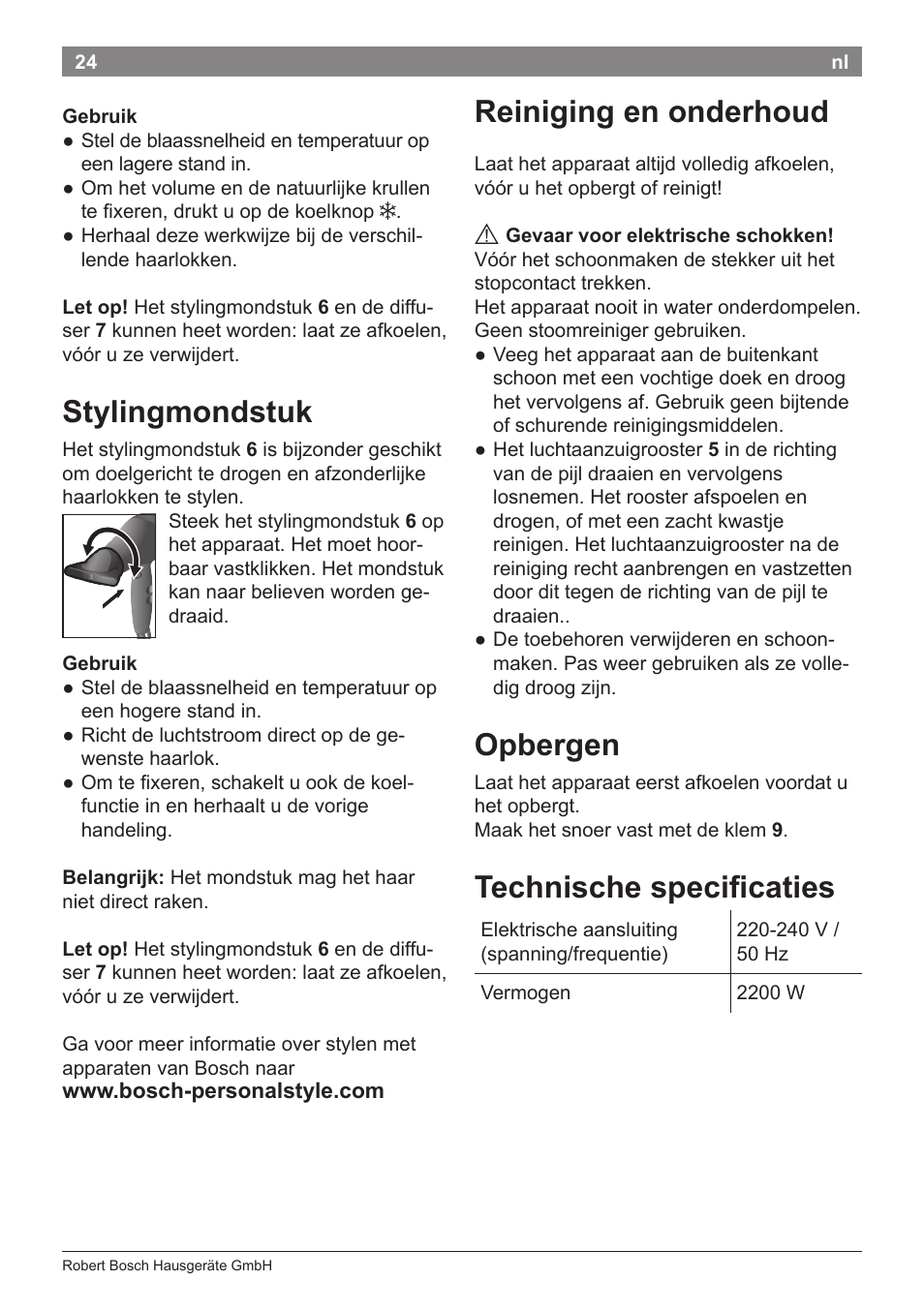 Stylingmondstuk, Reiniging en onderhoud, Opbergen | Technische specificaties | Bosch PHD9940 Profi-Haartrockner ProSalon PowerAC Compact User Manual | Page 26 / 98