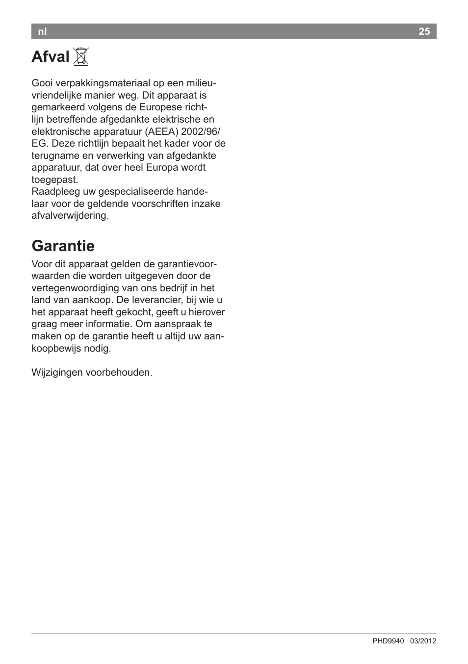 Afval, Garantie | Bosch PHD9940 Profi-Haartrockner ProSalon PowerAC Compact User Manual | Page 27 / 98