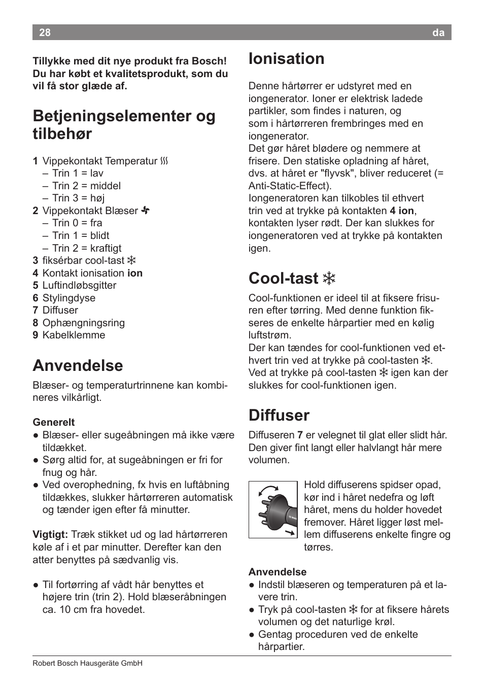 Betjeningselementer og tilbehør, Anvendelse, Ionisation | Cool­tast, Diffuser | Bosch PHD9940 Profi-Haartrockner ProSalon PowerAC Compact User Manual | Page 30 / 98