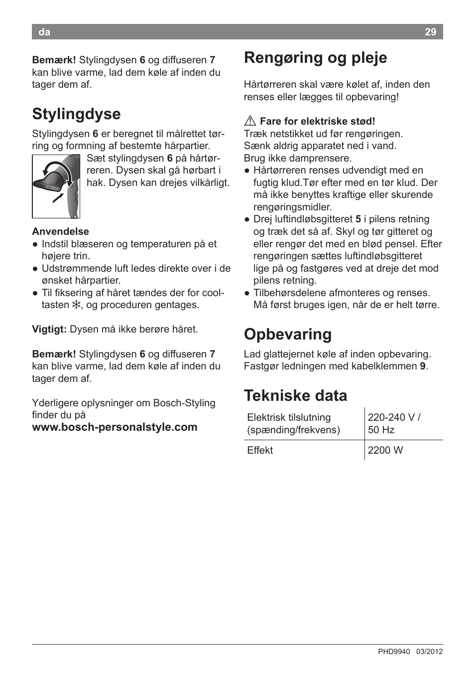 Stylingdyse, Rengøring og pleje, Opbevaring | Tekniske data | Bosch PHD9940 Profi-Haartrockner ProSalon PowerAC Compact User Manual | Page 31 / 98