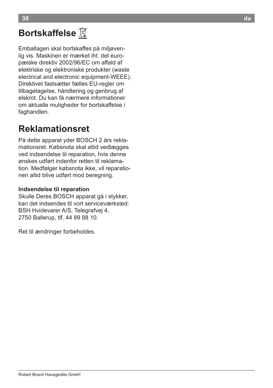 Bortskaffelse, Reklamationsret | Bosch PHD9940 Profi-Haartrockner ProSalon PowerAC Compact User Manual | Page 32 / 98