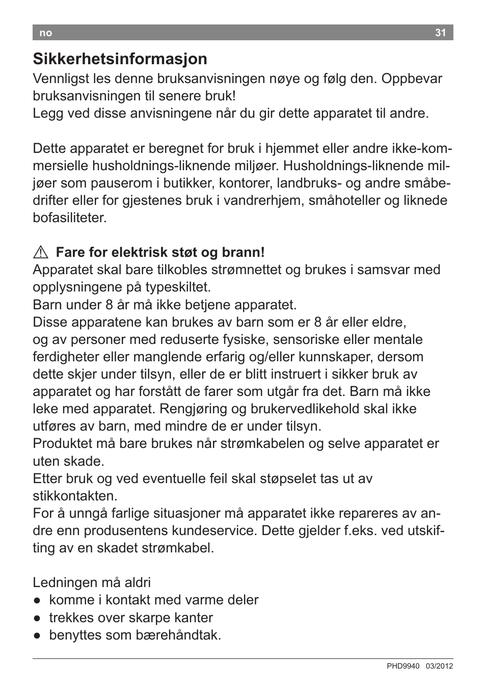 Sikkerhetsinformasjon | Bosch PHD9940 Profi-Haartrockner ProSalon PowerAC Compact User Manual | Page 33 / 98