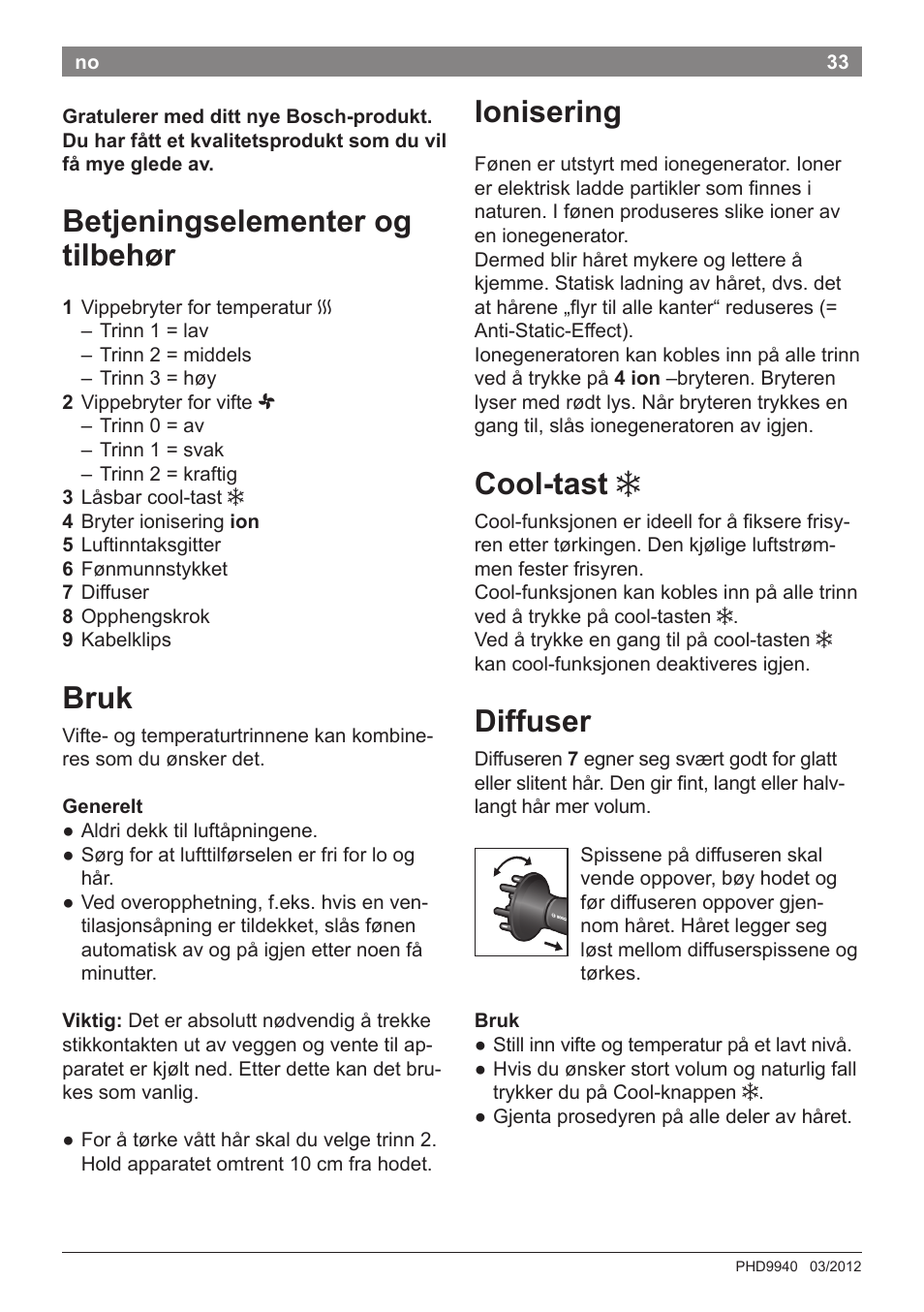 Betjeningselementer og tilbehør, Bruk, Ionisering | Cool­tast, Diffuser | Bosch PHD9940 Profi-Haartrockner ProSalon PowerAC Compact User Manual | Page 35 / 98