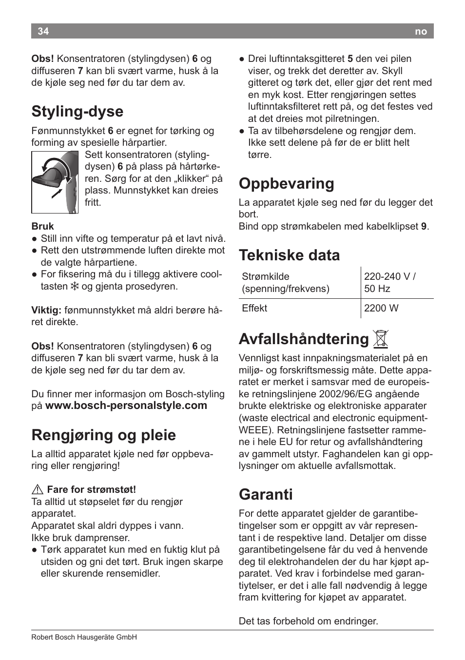 Styling­dyse, Rengjøring og pleie, Oppbevaring | Tekniske data, Avfallshåndtering, Garanti | Bosch PHD9940 Profi-Haartrockner ProSalon PowerAC Compact User Manual | Page 36 / 98