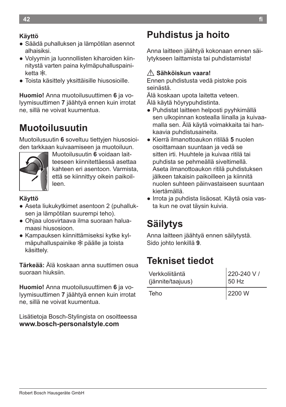 Puhdistus ja hoito, Säilytys, Tekniset tiedot | Muotoilusuutin | Bosch PHD9940 Profi-Haartrockner ProSalon PowerAC Compact User Manual | Page 44 / 98