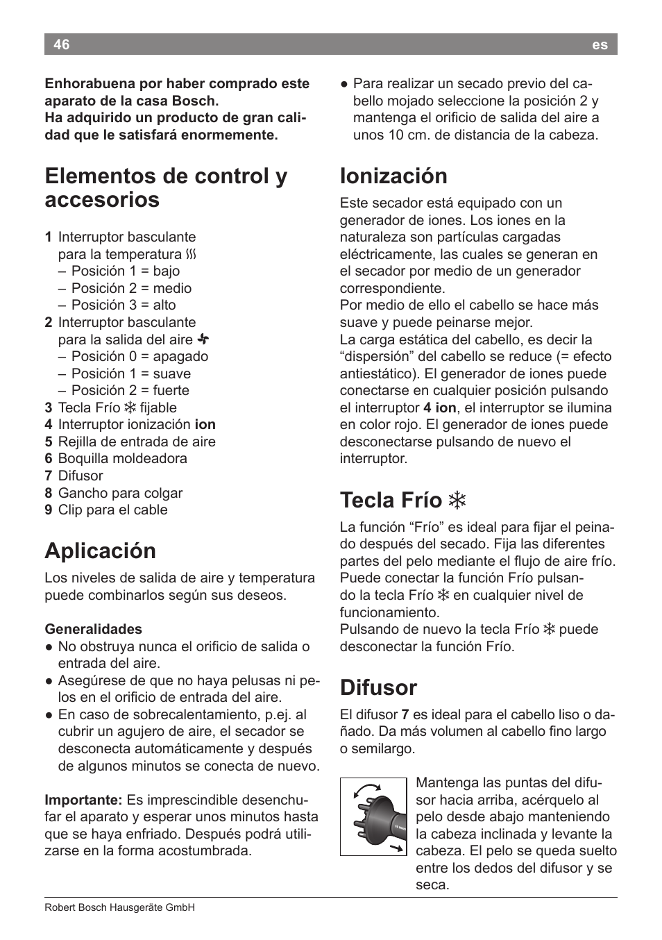 Elementos de control y accesorios, Aplicación, Ionización | Tecla frío, Difusor | Bosch PHD9940 Profi-Haartrockner ProSalon PowerAC Compact User Manual | Page 48 / 98