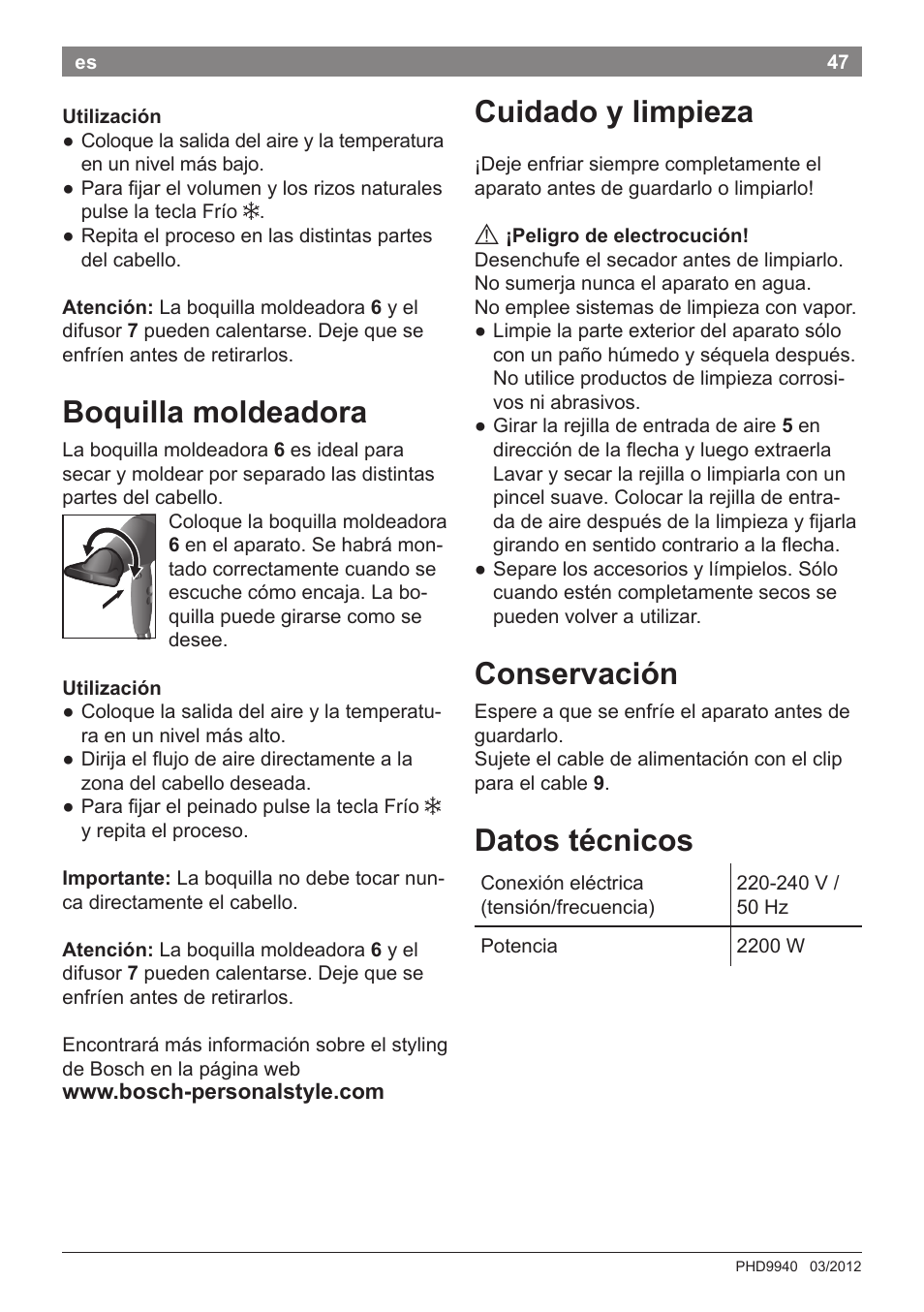 Boquilla moldeadora, Cuidado y limpieza, Conservación | Datos técnicos | Bosch PHD9940 Profi-Haartrockner ProSalon PowerAC Compact User Manual | Page 49 / 98