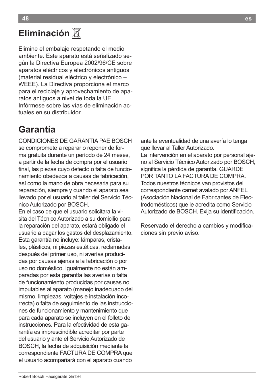 Eliminación, Garantía | Bosch PHD9940 Profi-Haartrockner ProSalon PowerAC Compact User Manual | Page 50 / 98