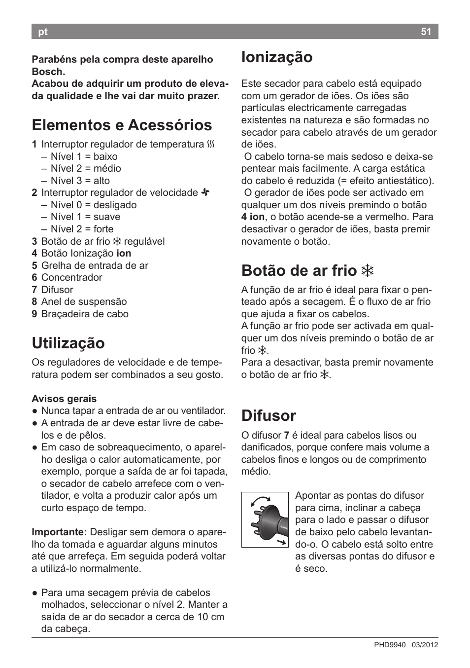 Elementos e acessórios, Utilização, Ionização | Botão de ar frio, Difusor | Bosch PHD9940 Profi-Haartrockner ProSalon PowerAC Compact User Manual | Page 53 / 98