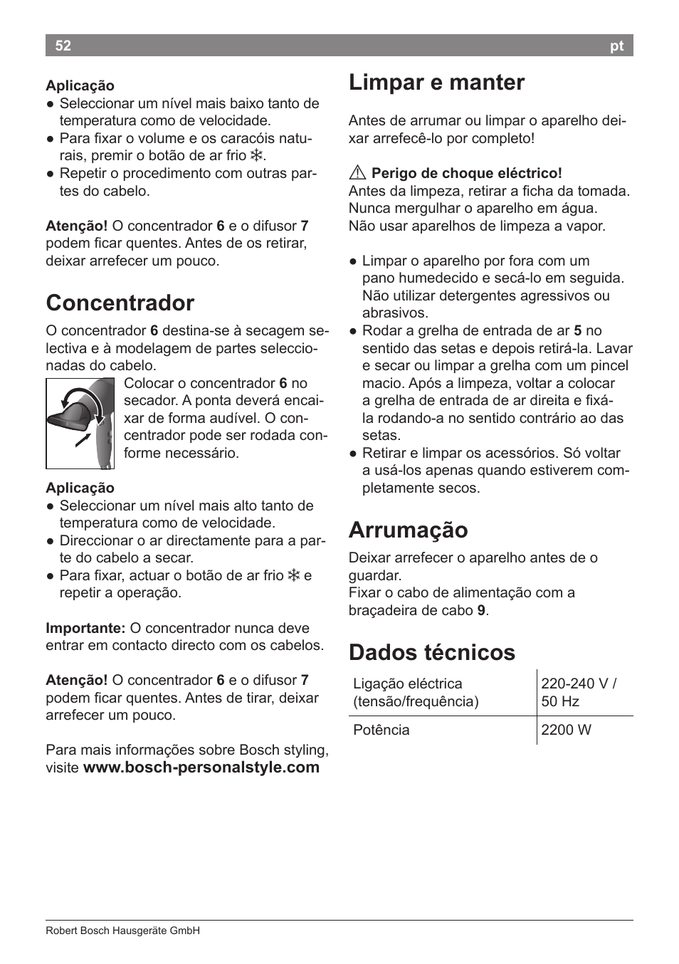 Concentrador, Limpar e manter, Arrumação | Dados técnicos | Bosch PHD9940 Profi-Haartrockner ProSalon PowerAC Compact User Manual | Page 54 / 98