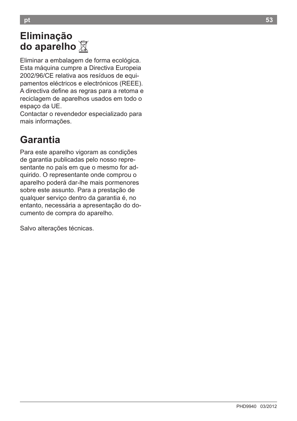 Eliminação do aparelho, Garantia | Bosch PHD9940 Profi-Haartrockner ProSalon PowerAC Compact User Manual | Page 55 / 98