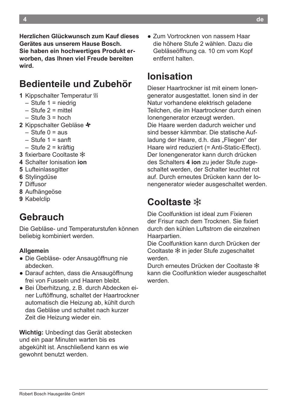 Bedienteile und zubehör, Gebrauch, Ionisation | Cooltaste | Bosch PHD9940 Profi-Haartrockner ProSalon PowerAC Compact User Manual | Page 6 / 98