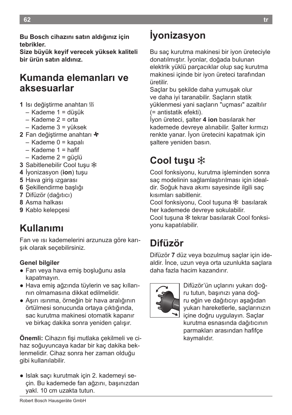 Kumanda elemanları ve aksesuarlar, Kullanımı, Iyonizasyon | Cool tuşu, Difüzör | Bosch PHD9940 Profi-Haartrockner ProSalon PowerAC Compact User Manual | Page 64 / 98